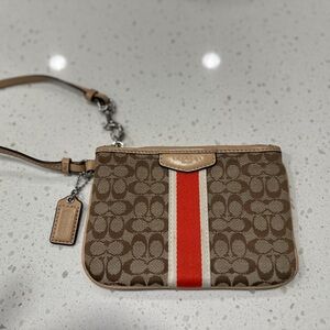 Coach Brown and Red Wristlet with Signature Pattern
